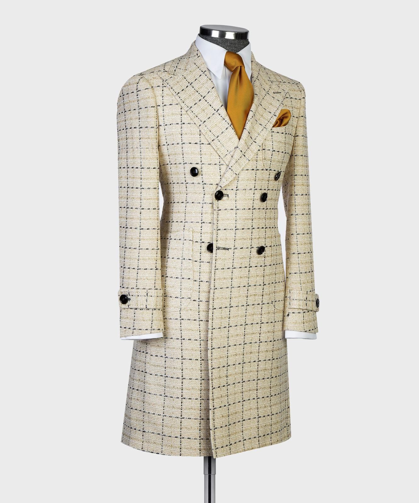 beige checkered with black over coat for men 