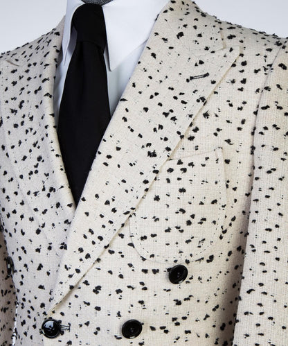 beige double breasted over coat with black dots for men
