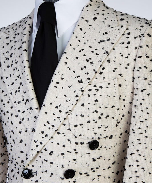 beige double breasted over coat with black dots for men