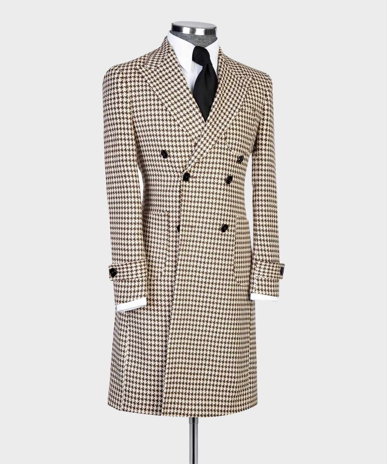 Beige/Black Houndstooth Men’s Long Coat