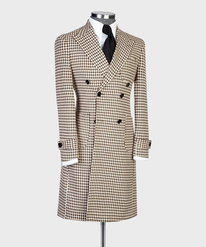 Beige/Black Houndstooth Men’s Long Coat
