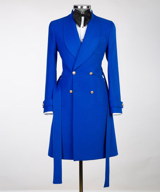 blue over coat for men from turkey designed with belt and gold buttons