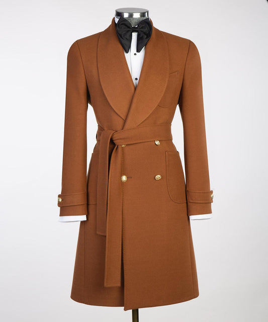 men's long coat brown belted and gold buttoned 