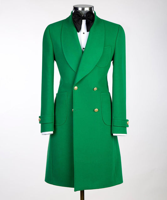 green over coat for men, elegant gold buttons