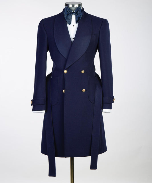navy long coat for men from turkey-gold buttoned and belt detailed