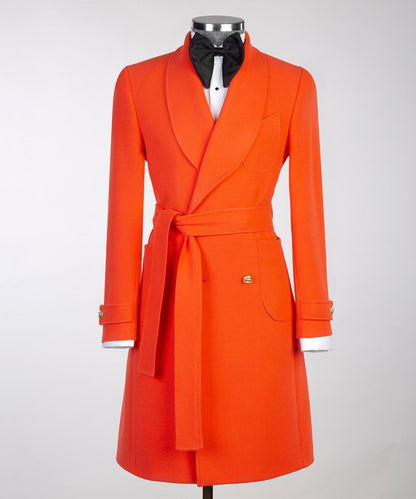 double breasted orange long coat for men
