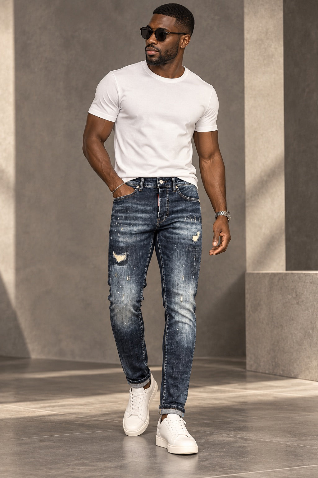 slim-fit faded navy jeans-ripped design jeans