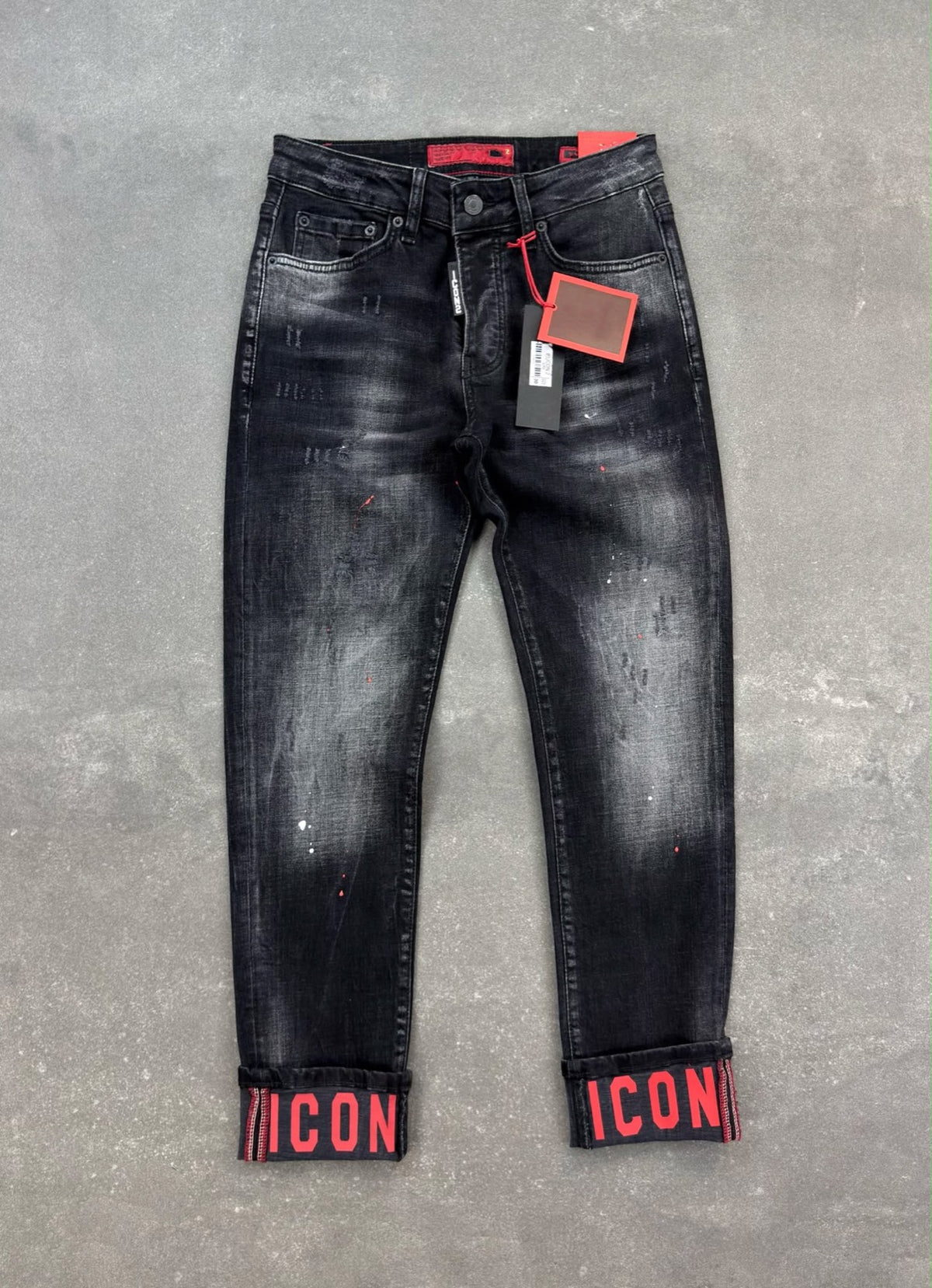 slim-fit black jeans with colour drops and faded grey for men