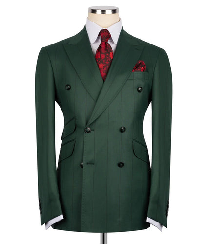 Luxury men's green double-breasted pinstripe suit with matching trousers, premium craftsmanship, and an elegant formal design.
