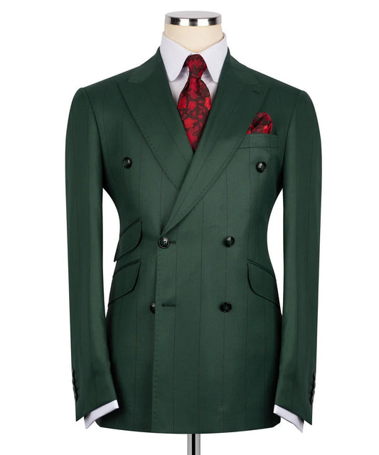 Luxury men's green double-breasted pinstripe suit with matching trousers, premium craftsmanship, and an elegant formal design.