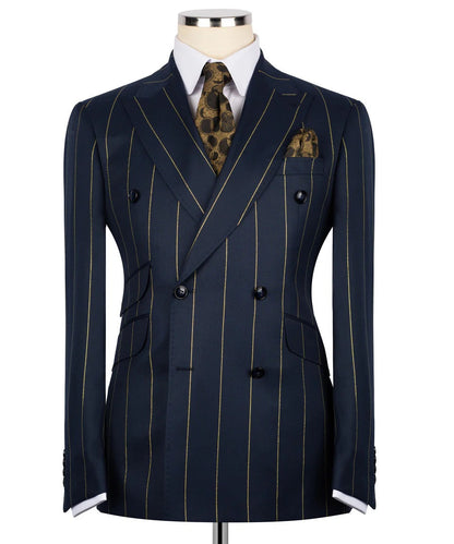 Luxury men's navy and gold double-breasted pinstripe suit with matching trousers, premium craftsmanship, and an elegant formal design.