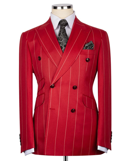 Luxury men's red double-breasted pinstripe suit blazer
