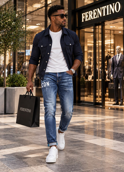 slim-fit blue jeans on a model-faded blue jeans
