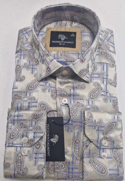 Men’s Patterned Dress Shirt Beige-Blue