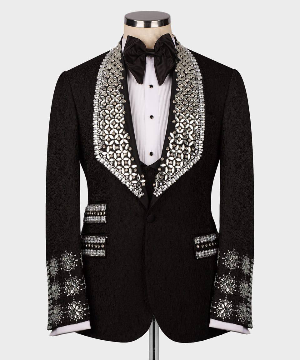 Men's 3 Piece Stone Stitched Navy/Gold Tuxedo