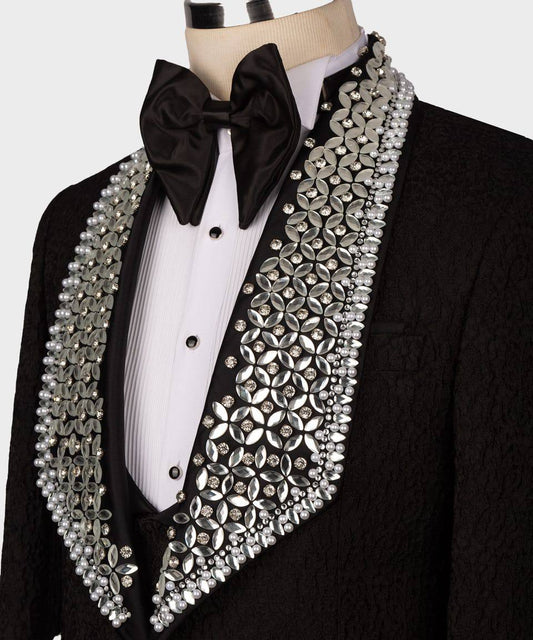 Men's 3 Piece Stone Stitched Black/Silver Tuxedo