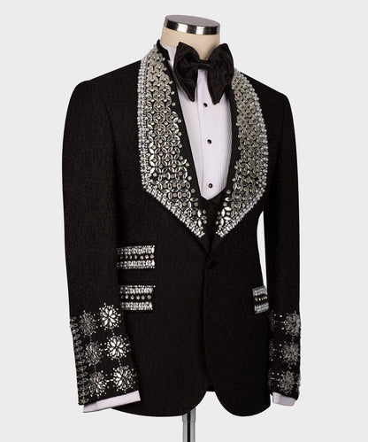 Men's 3 Piece Stone Stitched Black/Silver Tuxedo