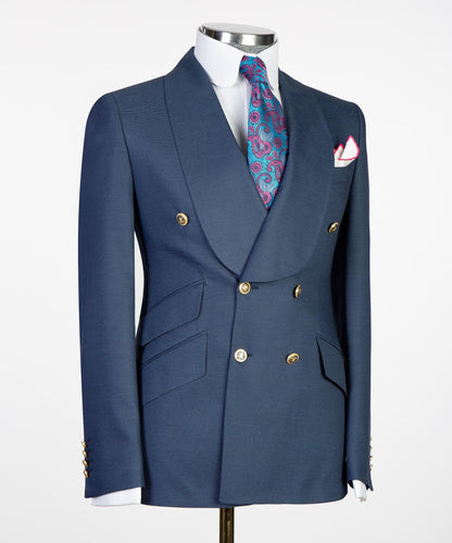 Men's 2 Piece Double Breasted Grey Blue Tuxedo Suit Shawl Lapel