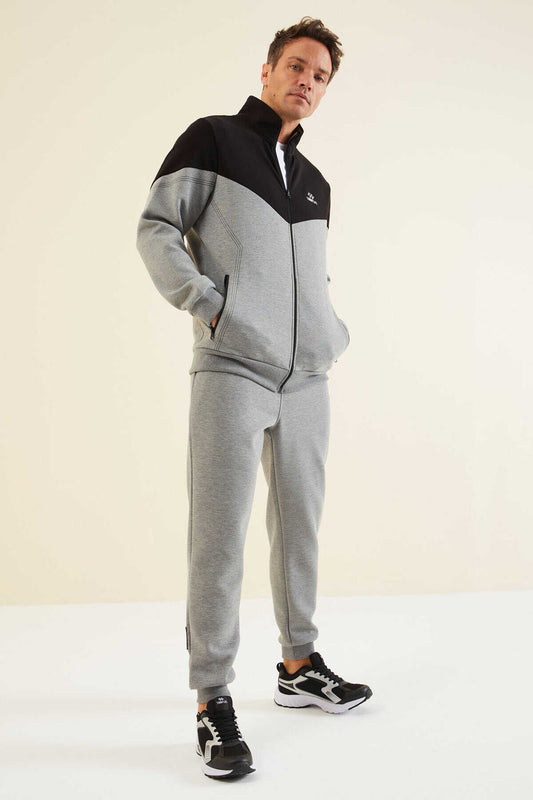 Men's Grey-Black-Colour-Block-Jogger-Tracksuit Set
