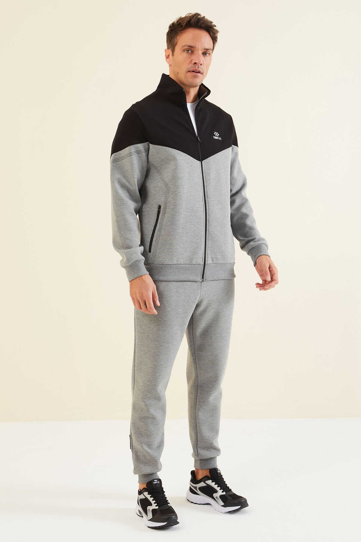 Men's Grey-Black-Colour-Block-Jogger-Tracksuit Set