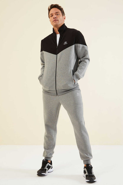 Men's Grey-Black-Colour-Block-Jogger-Tracksuit Set