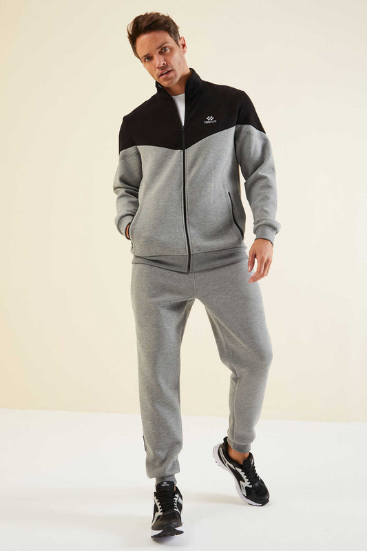 Men's Grey-Black-Colour-Block-Jogger-Tracksuit Set