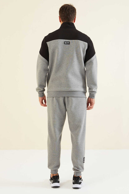 Men's Grey-Black-Colour-Block-Jogger-Tracksuit Set
