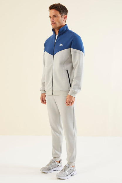 Men's Grey-Blue-Colour-Block-Jogger-Tracksuit Set