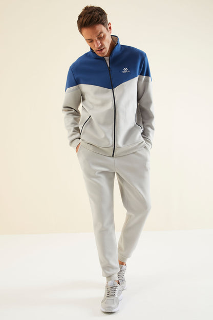 Men's Grey-Blue-Colour-Block-Jogger-Tracksuit Set