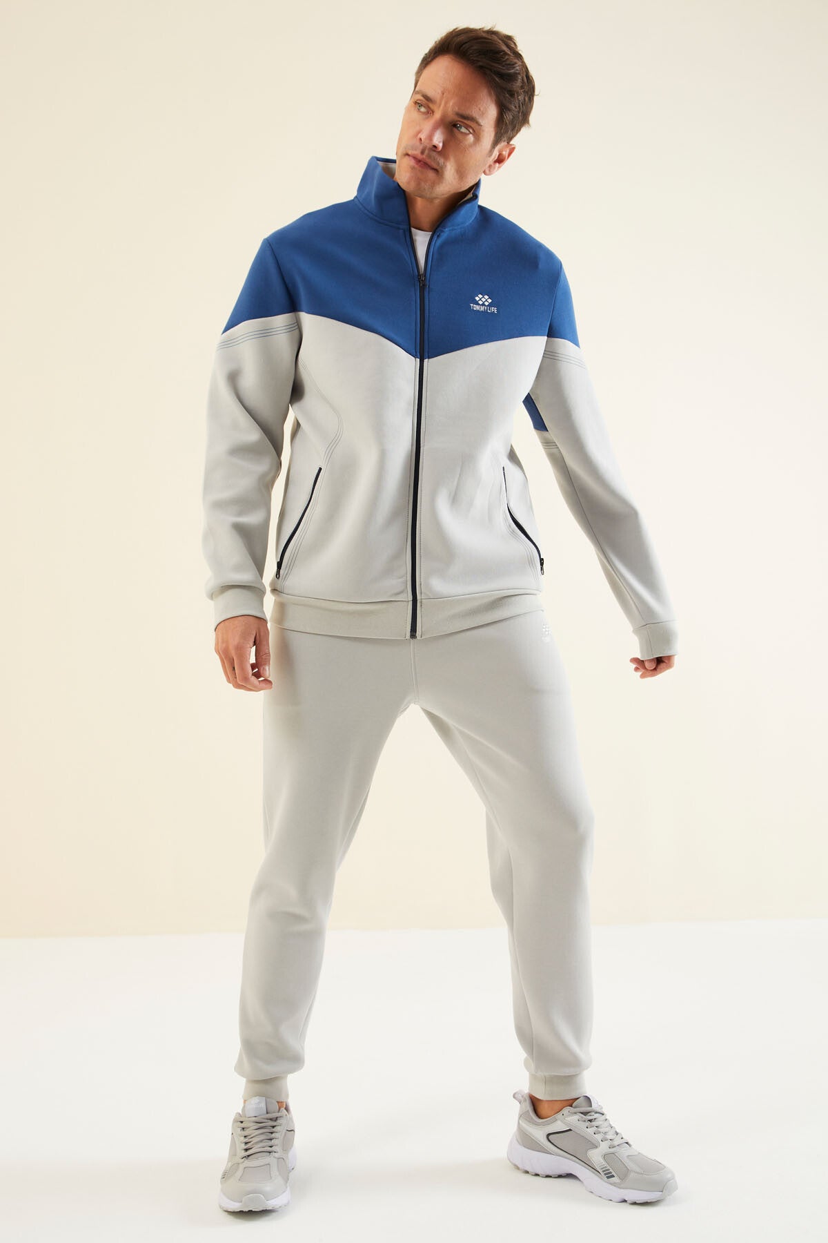 Men's Grey-Blue-Colour-Block-Jogger-Tracksuit Set