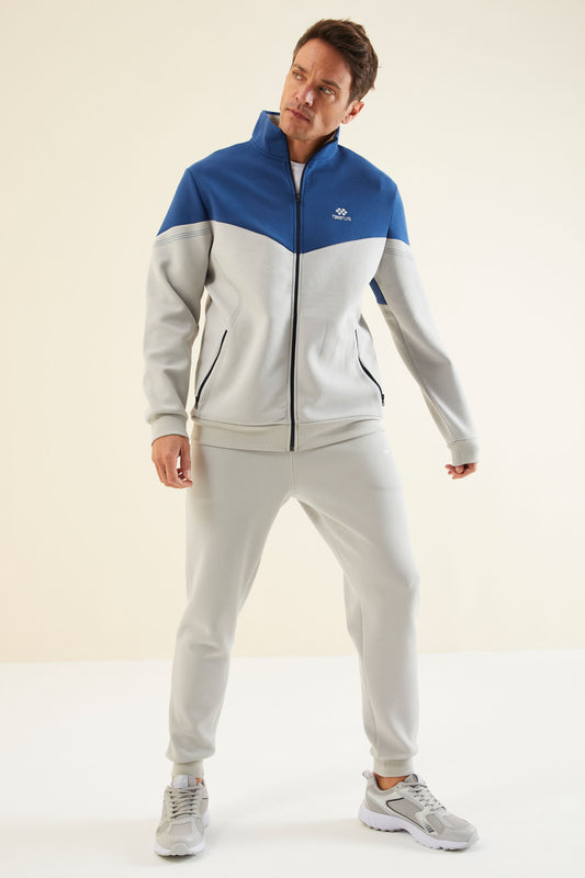 Men's Grey-Blue-Colour-Block-Jogger-Tracksuit Set