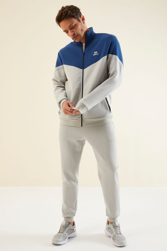 Men's Grey-Blue-Colour-Block-Jogger-Tracksuit Set