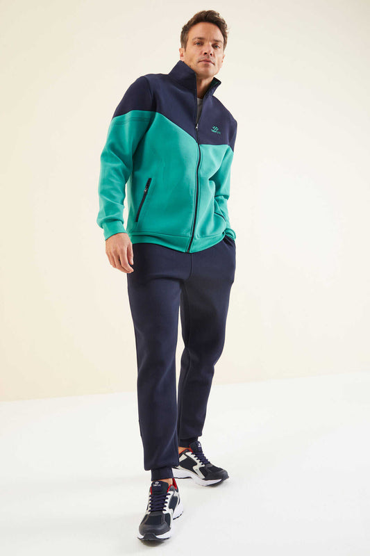 Men's Green-Navy-Colour-Block-Jogger-Tracksuit Set