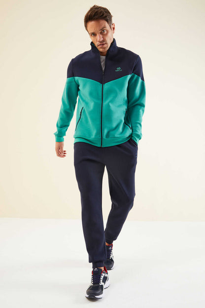 Men's Green-Navy-Colour-Block-Jogger-Tracksuit Set
