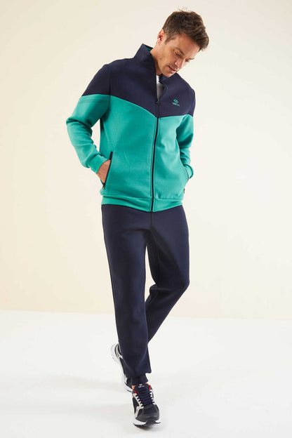 Men's Green-Navy-Colour-Block-Jogger-Tracksuit Set