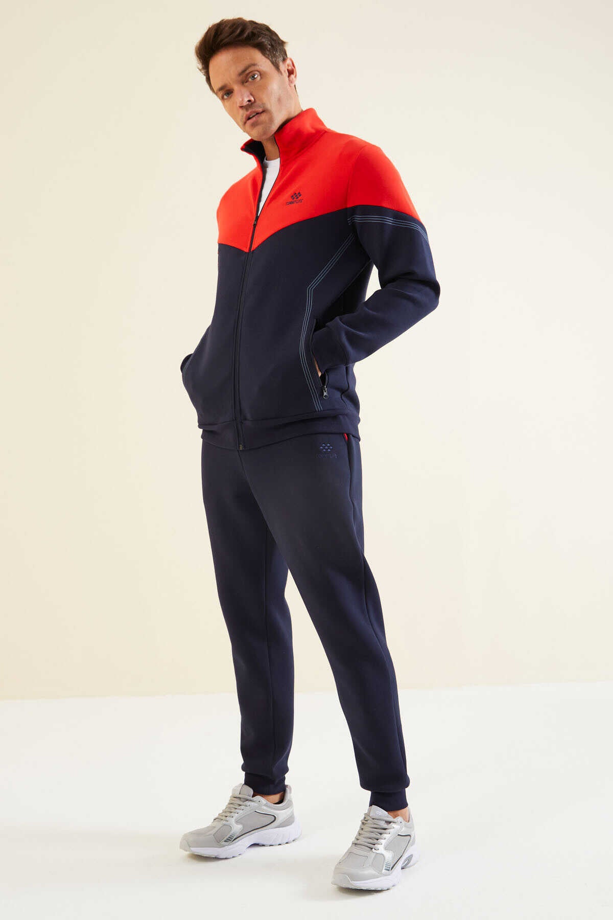Men's Navy-Red-Colour-Block-Jogger-Tracksuit Set