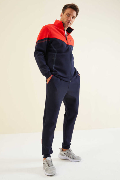 Men's Navy-Red-Colour-Block-Jogger-Tracksuit Set