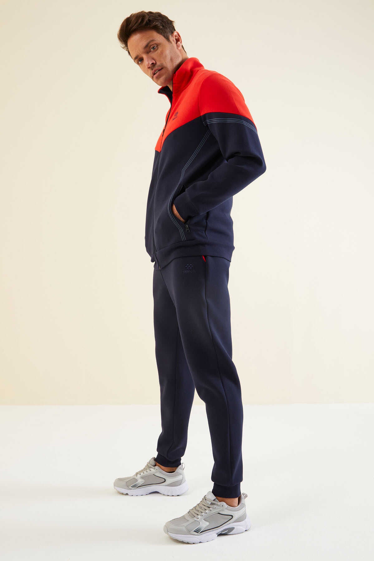 Men's Navy-Red-Colour-Block-Jogger-Tracksuit Set