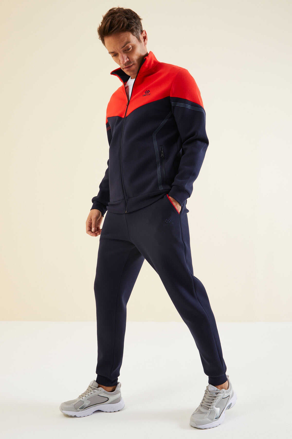 Men's Navy-Red-Colour-Block-Jogger-Tracksuit Set