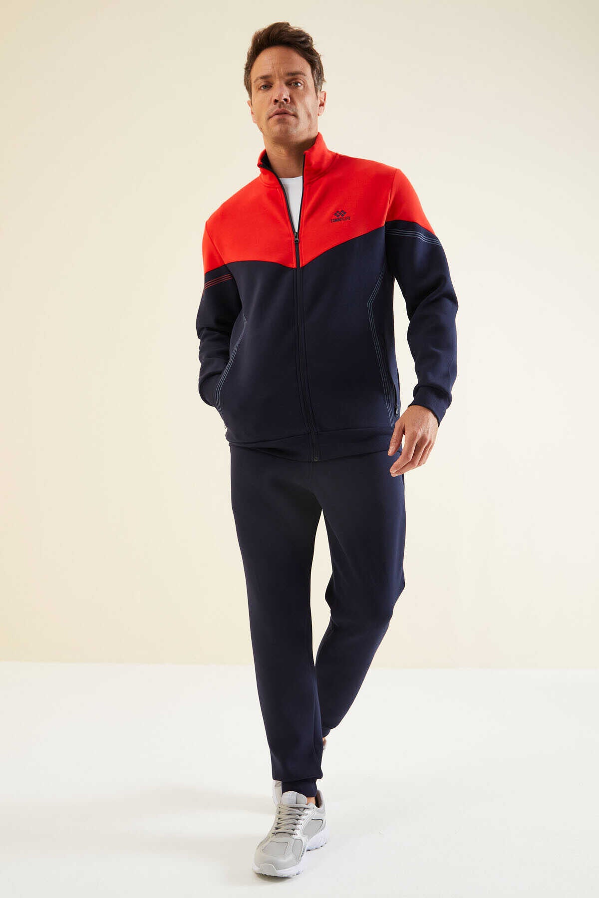 Men's Navy-Red-Colour-Block-Jogger-Tracksuit Set