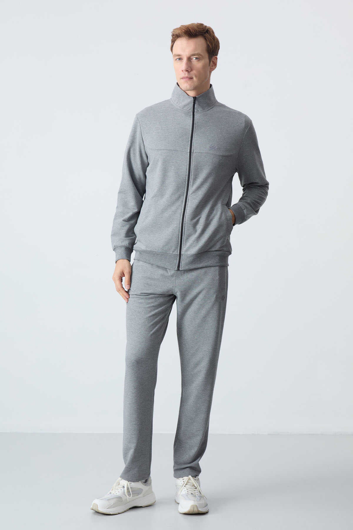 Men's Grey Melange Comfort Fit Tracksuit Set