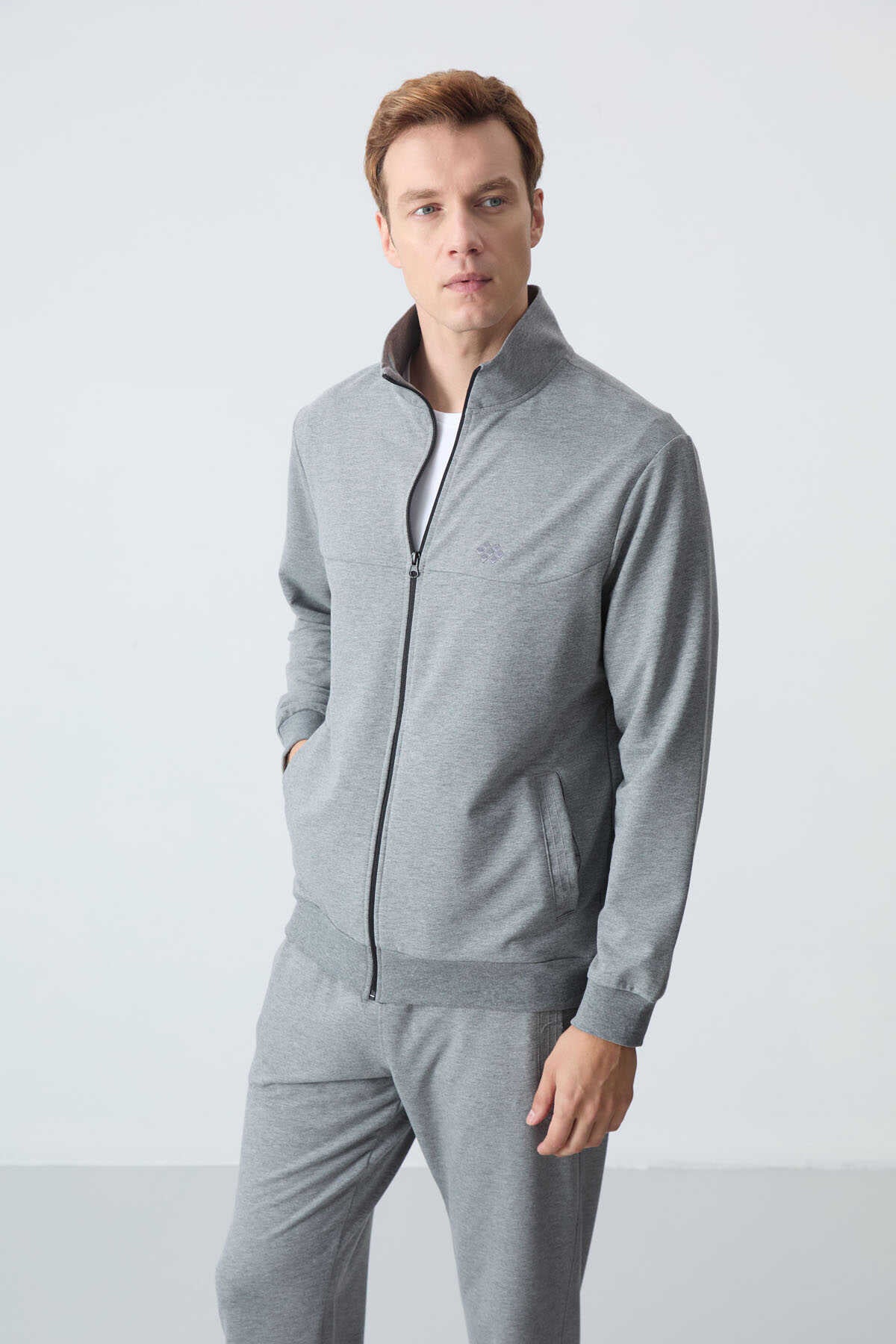 Men's Grey Melange Comfort Fit Tracksuit Set