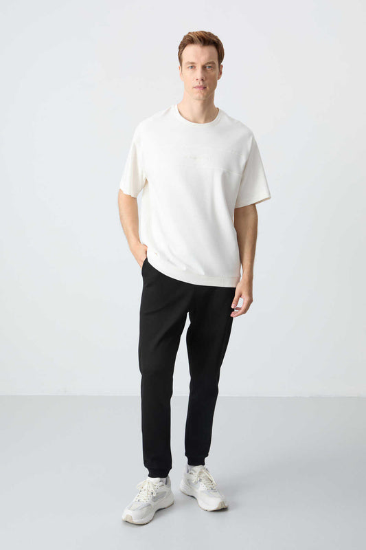 Men's-Cream-Black-Short Sleeve-Tracksuit Set