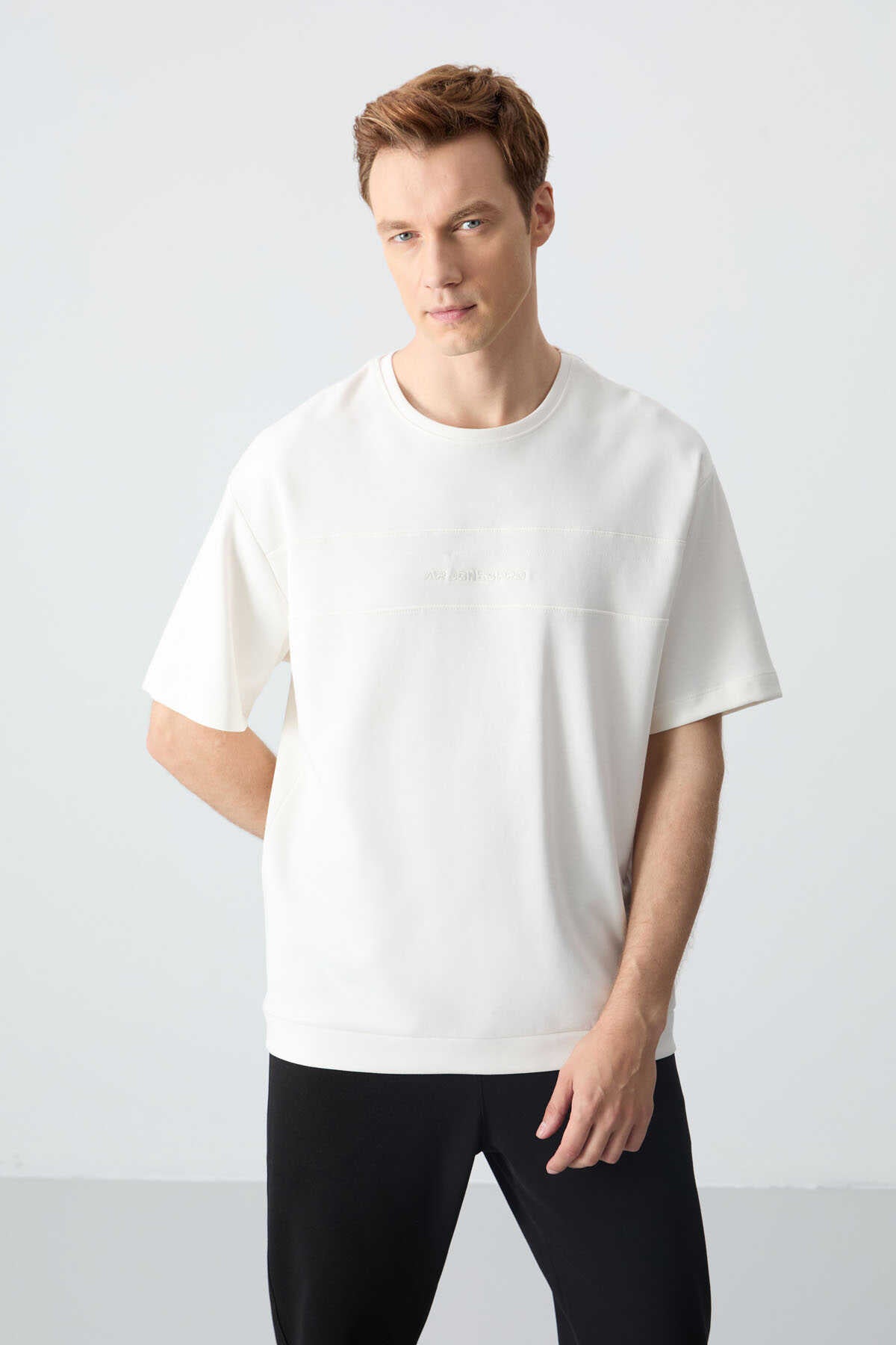 Men's-Cream-Black-Short Sleeve-Tracksuit Set