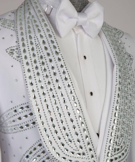 Men's 3 Piece Stone Designed White Tuxedo