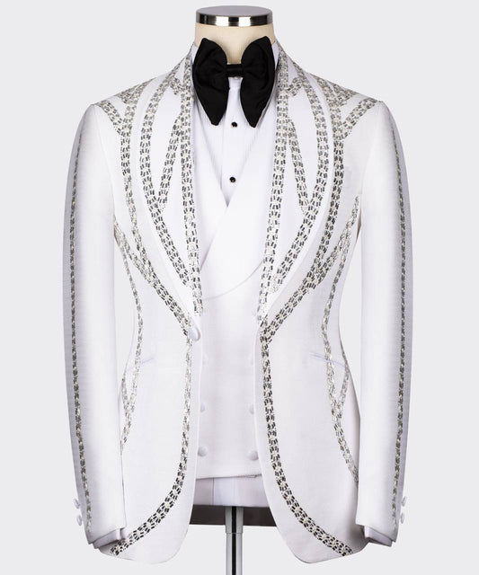 Men's White Tuxedo, Silver Gem Stoned